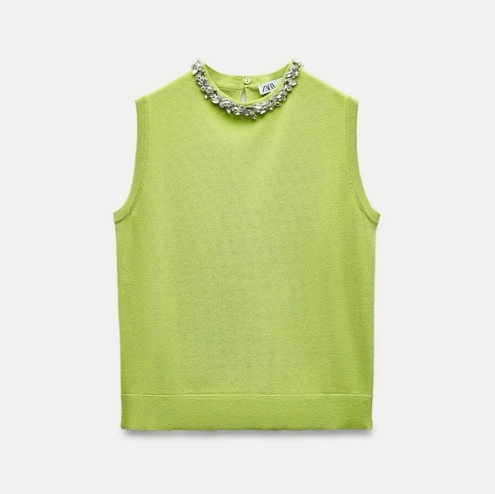 BASIC BEADS JEWEL KNIT TOP FLUORESCENT LIME SIZE S
